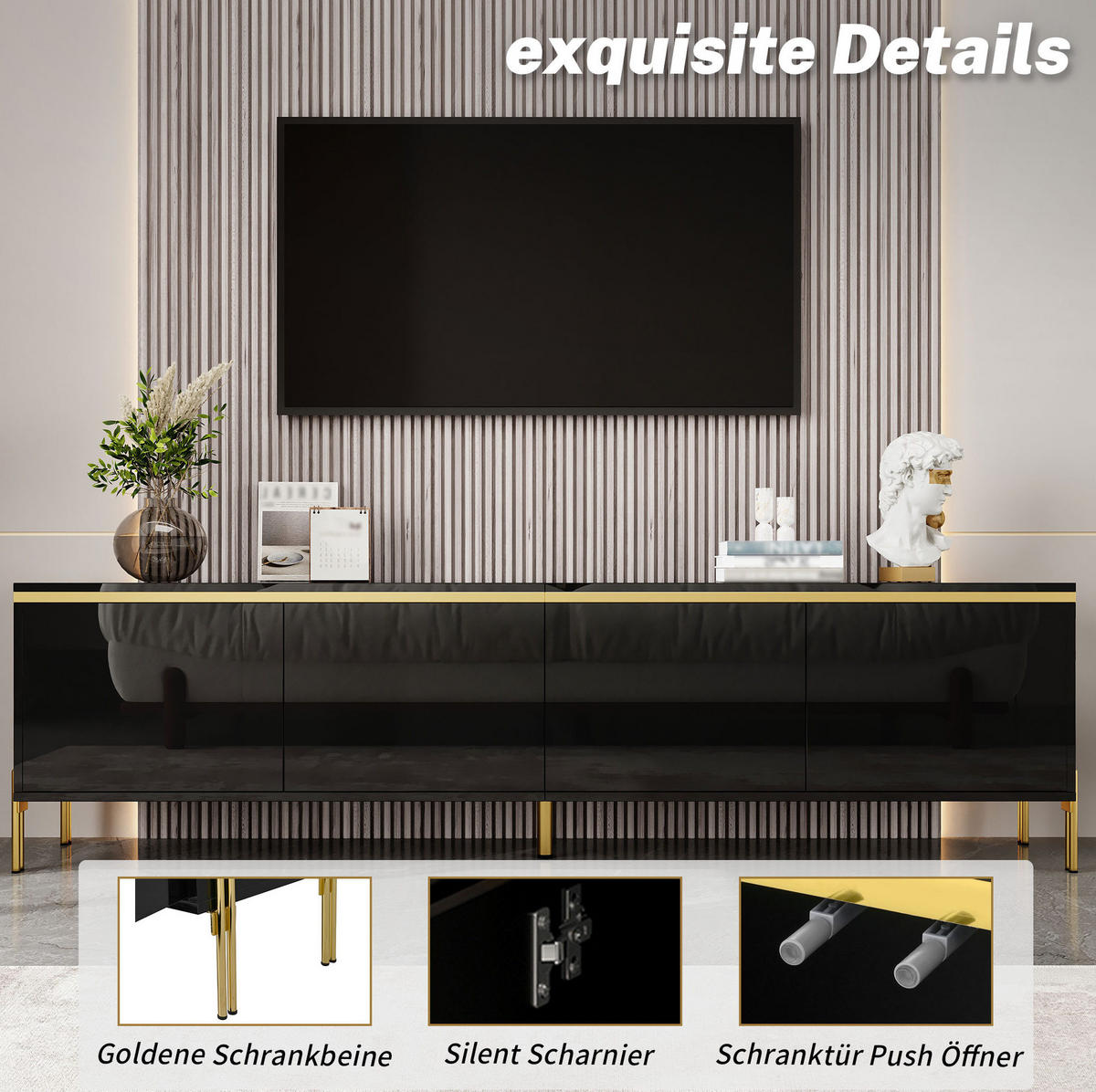 TV-SCHRANK aus Spanplatte 170x38x50 cm Schwarz mit 4 Türen, Kabeldurchführungen und Metallbeinen - Schwarz, Holzwerkstoff (170/50/38cm) - IVMEU