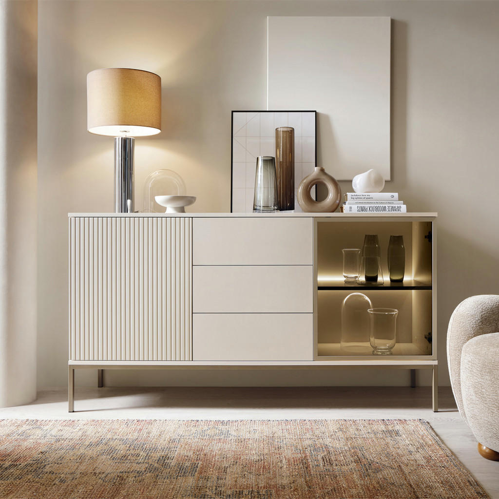 Thumbnail - Komodee Sideboard, Kaschmir, Glas, Holzwerkstoff, 2 Fächer, 3 Schubladen, 154x83x39 cm, Wohnzimmer, Kommoden & Sideboard...