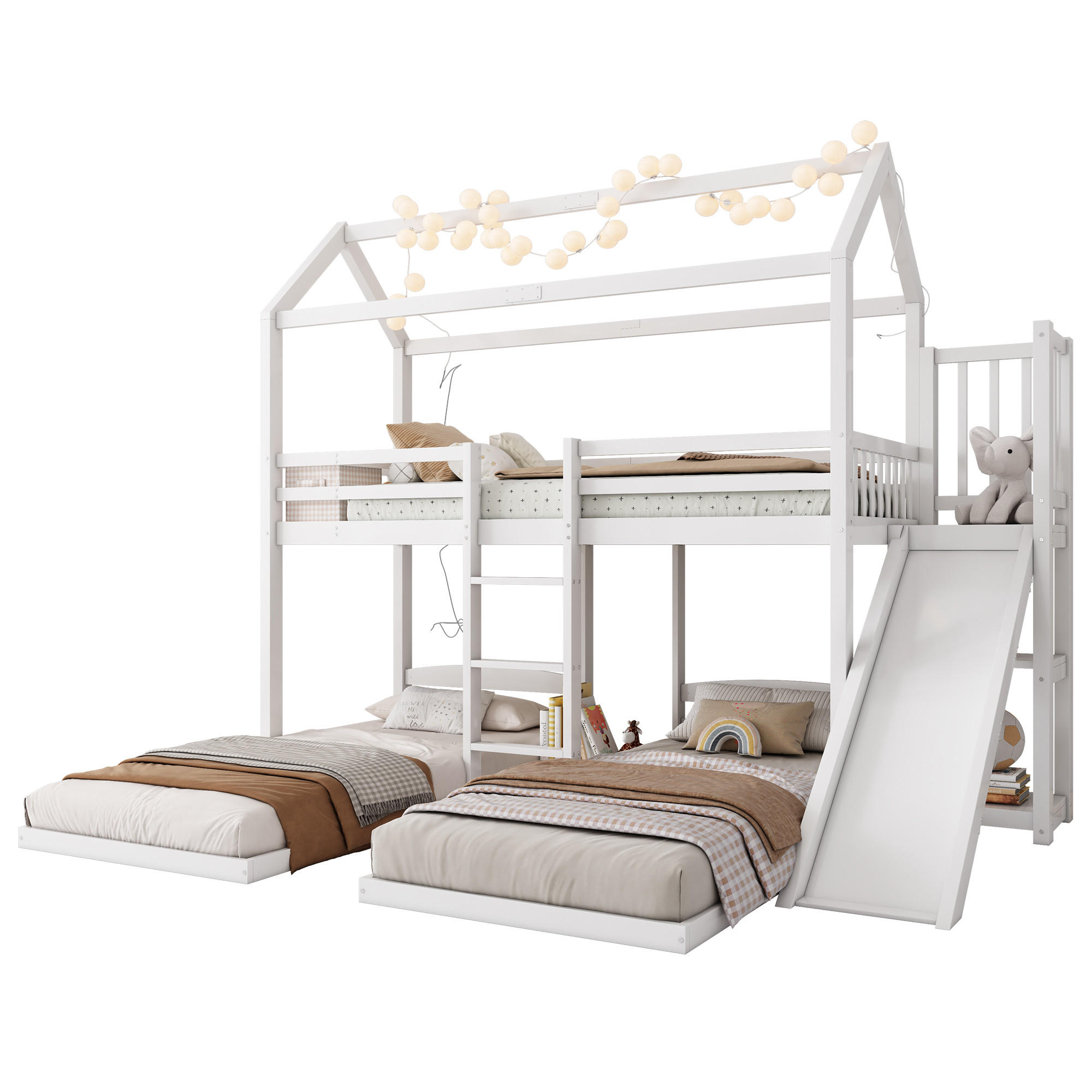 STILVORA ETAGENBETT 90/200 cm in Weiß Kinderbett mit Rutsche, Regal und Dachdesign
