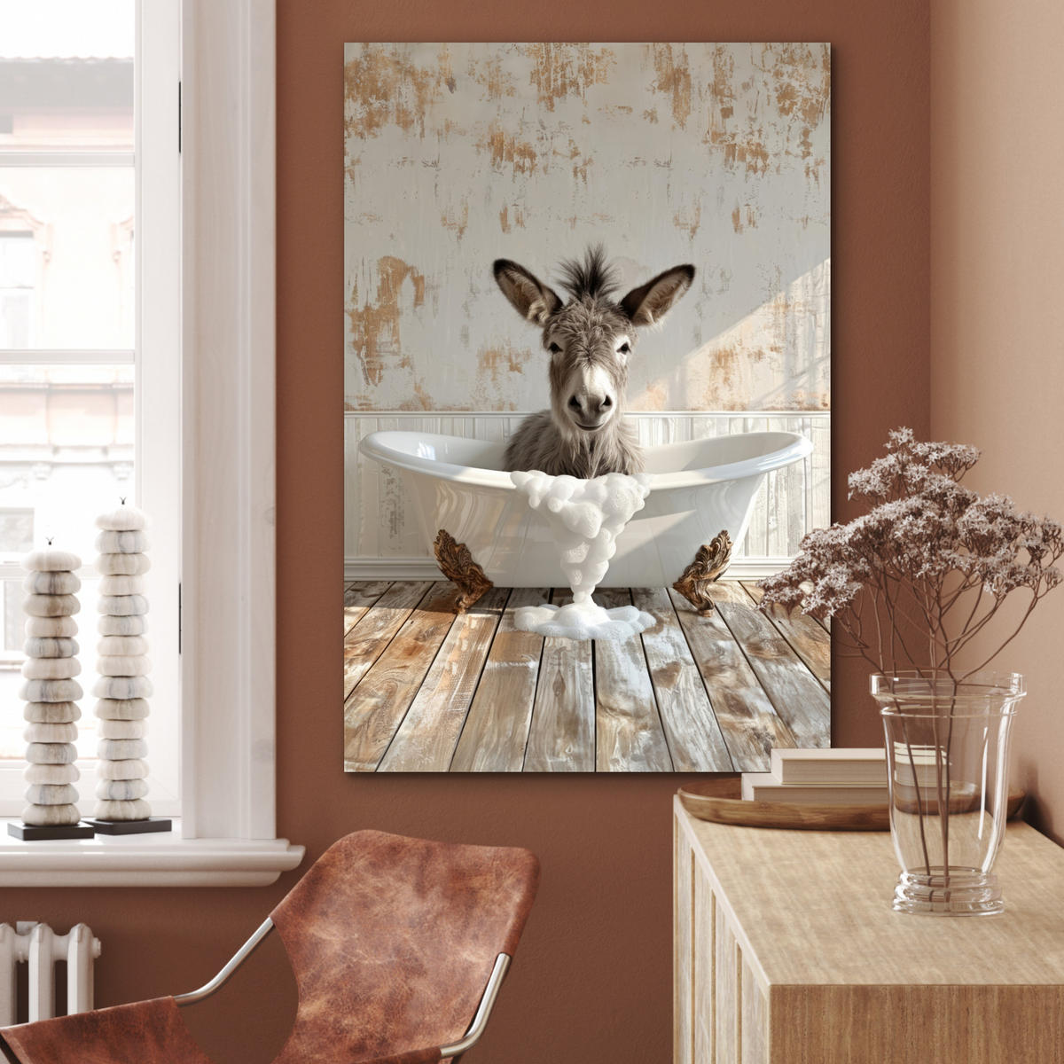 METALLBILD Esel - Tiere - Badewanne - Schaumstoff 60x90 cm - Weiß, Metall (60/90cm) - MuchoWow