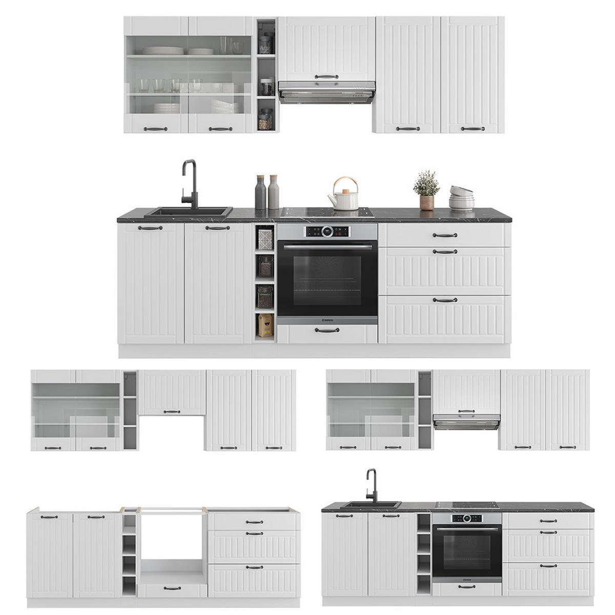 KÜCHENZEILE Fame-Line Weiß Landhaus/Weiß 235 cm ohne AP - Creme/Weiß, Holzwerkstoff (235/81.6/46cm) - Vicco
