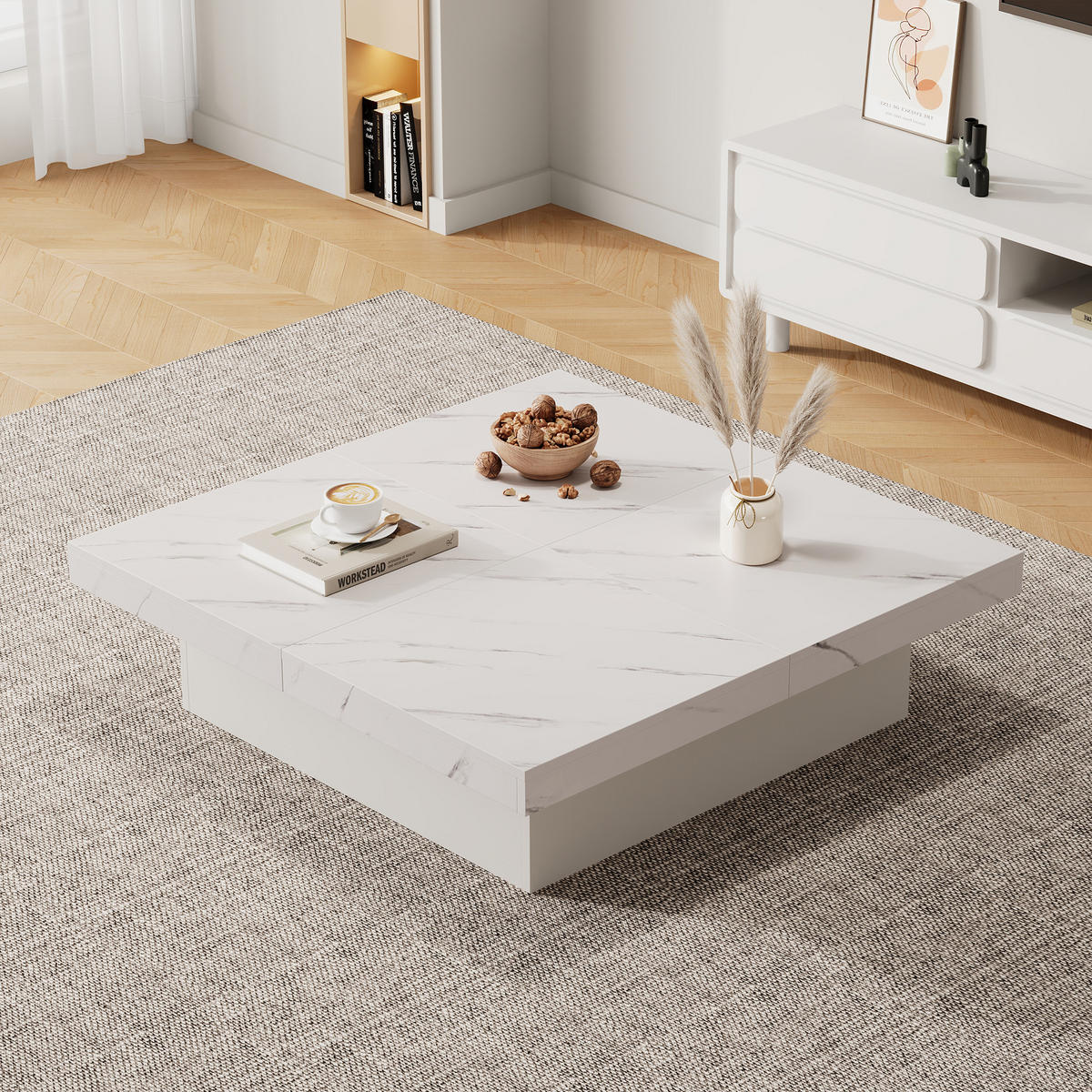 COUCHTISCH mit 4 Schubladen & Schiebefunktion, Marmoroptik Weiß, Spanplatte, 30 kg Tragkraft - Weiß, Holzwerkstoff (90/90/25cm) - EVRYAE