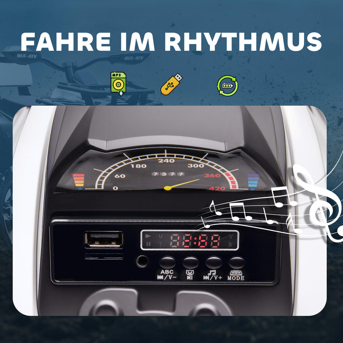 ELEKTRO-KINDERQUAD DE-06278 mit LED-Scheinwerfer und USB-Musikplayer Schwarz - Weiß, Kunststoff/Metall (100/65/73cm) - ComfortXL