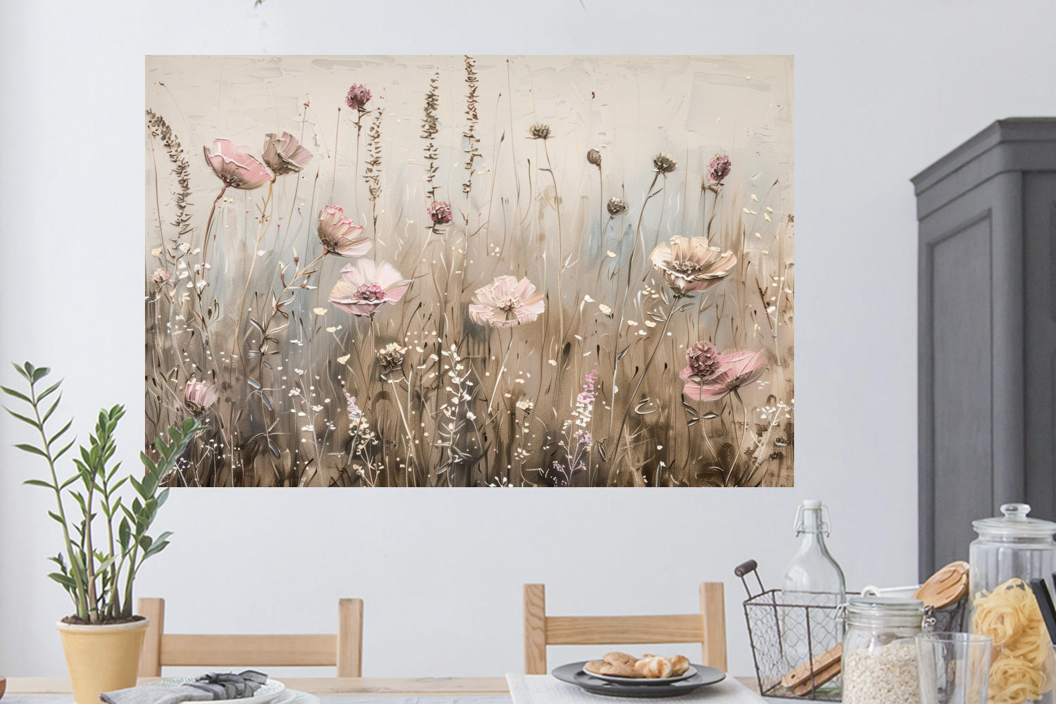 WANDTATTOO Blumen - Rosa - Modern - Beige 120x80 cm - Beige, Kunststoff (120/80/0.1cm) - MuchoWow