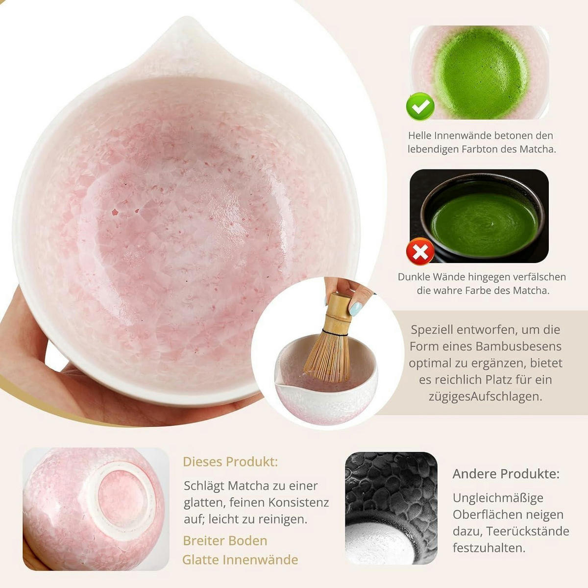 MATCHA Set 8-teilig mit Schale, Besen und Löffel - Rosa, Keramik (15.2/11/28cm)