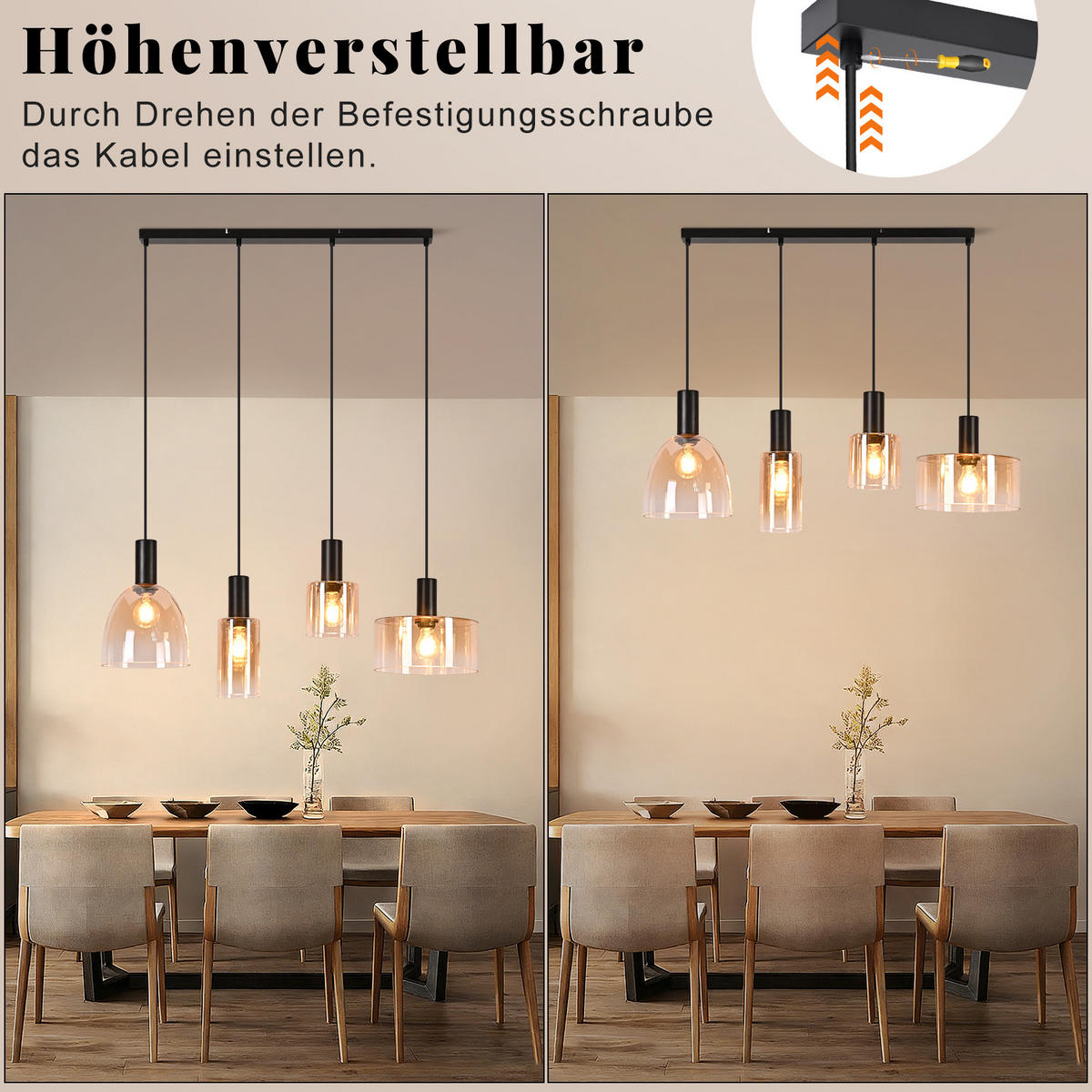 PENDELLEUCHTE Dravyn 78/25/180 cm - Bernsteinfarben/Schwarz, Glas/Metall (78/25/180cm) - ZMH