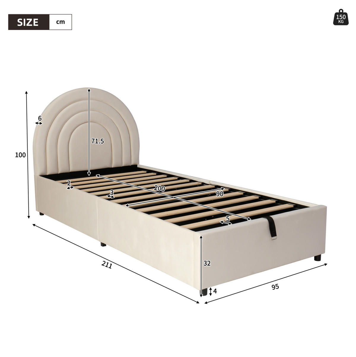 POLSTERBETT 90/200 cm beige aus Samt mit Stauraum und Kopfteil - Beige, Holzwerkstoff (90/200cm) - OKWISH