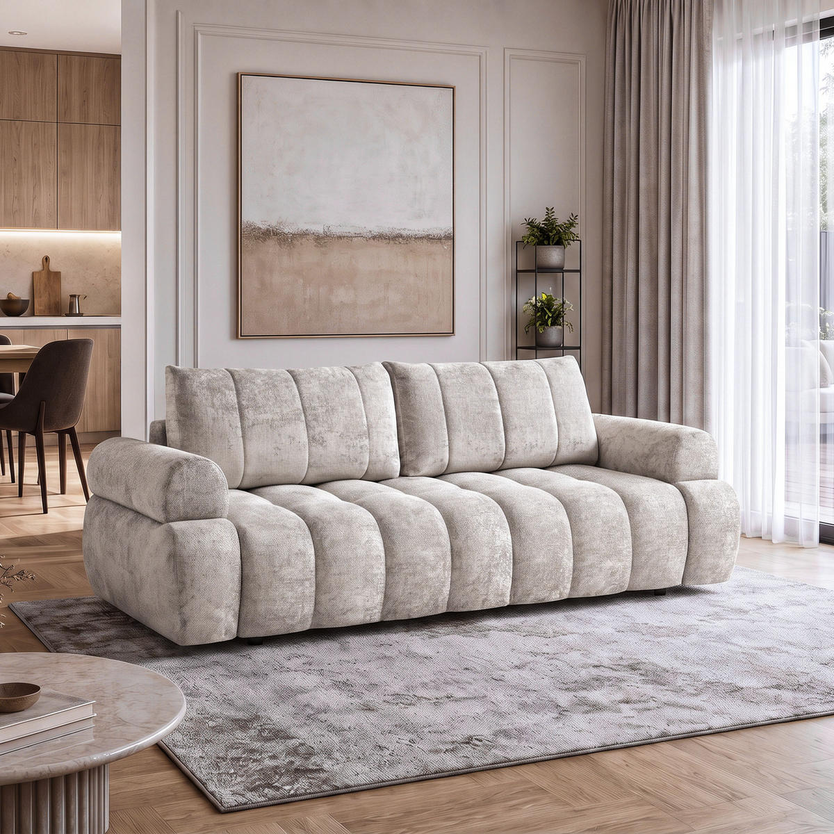 ROZKLÁDACÍ POHOVKA Mavi, 3místná s funkcí spaní, ložná plocha 195x145 cm, béžová - béžová, textil (255/100/110cm) - Beautysofa