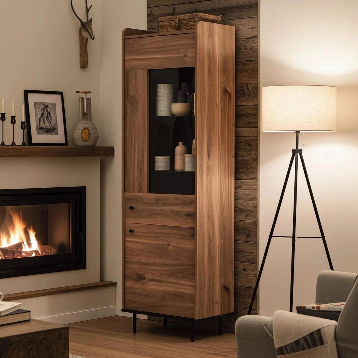 HOCHVITRINE Nero 60/40/200 Brandy Castello - Hellbraun/Schwarz, Glas/Holzwerkstoff (60/200/40cm) - Ravio