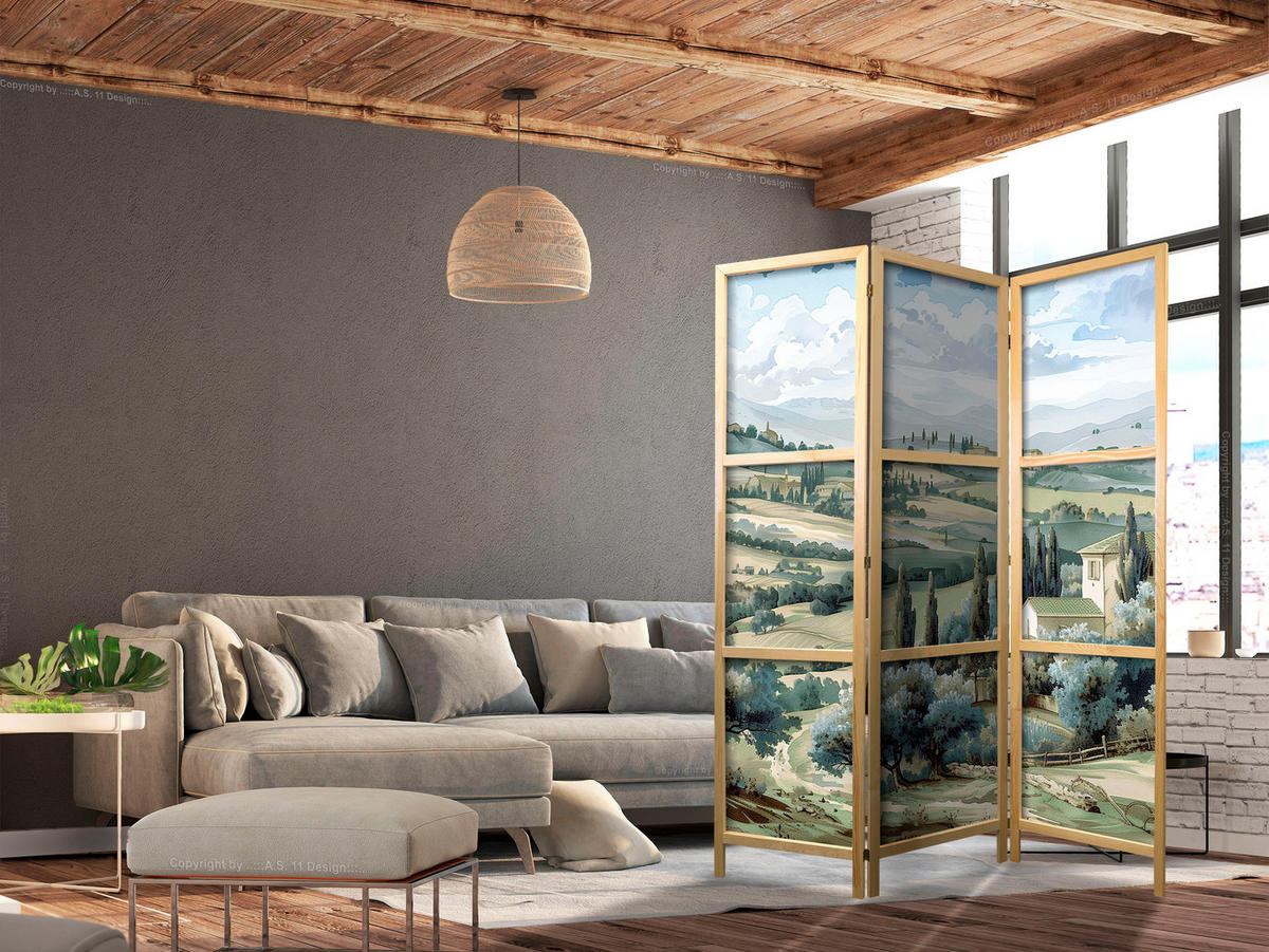 PARAVENT Japanischer 3-tlg 135x172 cm Gr ne Landschaft - Multicolor, Holz/Textil (135/172/3cm) - Muralo