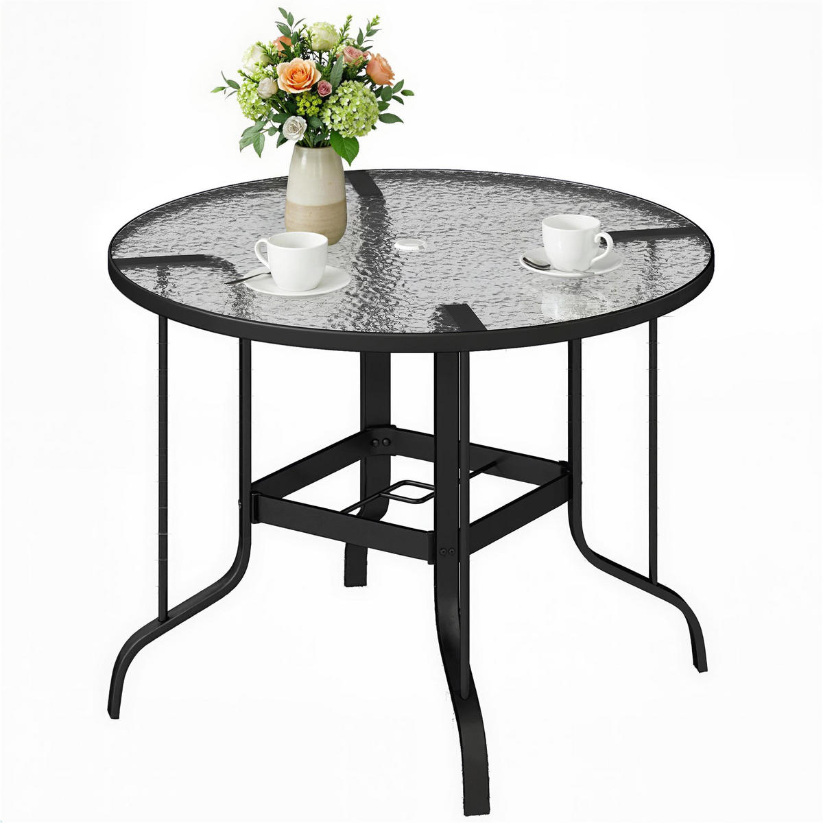 GARTENTISCH,RUND Sicherheitsglas mit Schirmloch Ø96,5x71cm,schwarz - Schwarz, Metall (96.5/96.5/71cm) - Vallsero