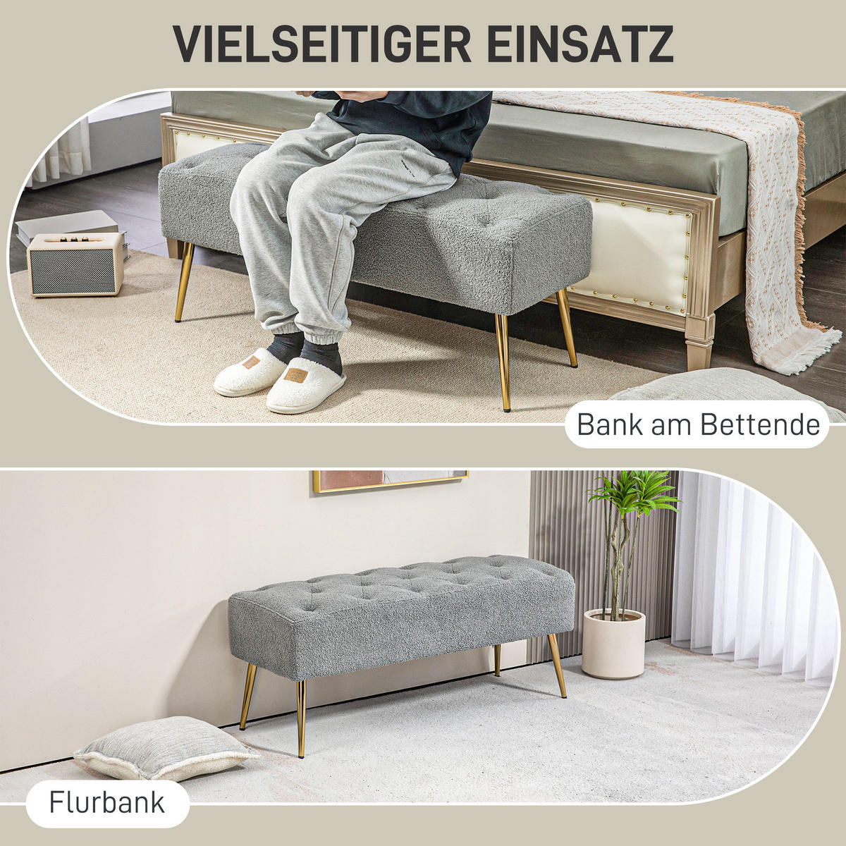 SITZBANK Polsterbank mit Lammwolle-Optik, Knopfheftung für Schlafzimmer, Grau - Grau, Kunststoff (41/46/112cm) - HOMCOM