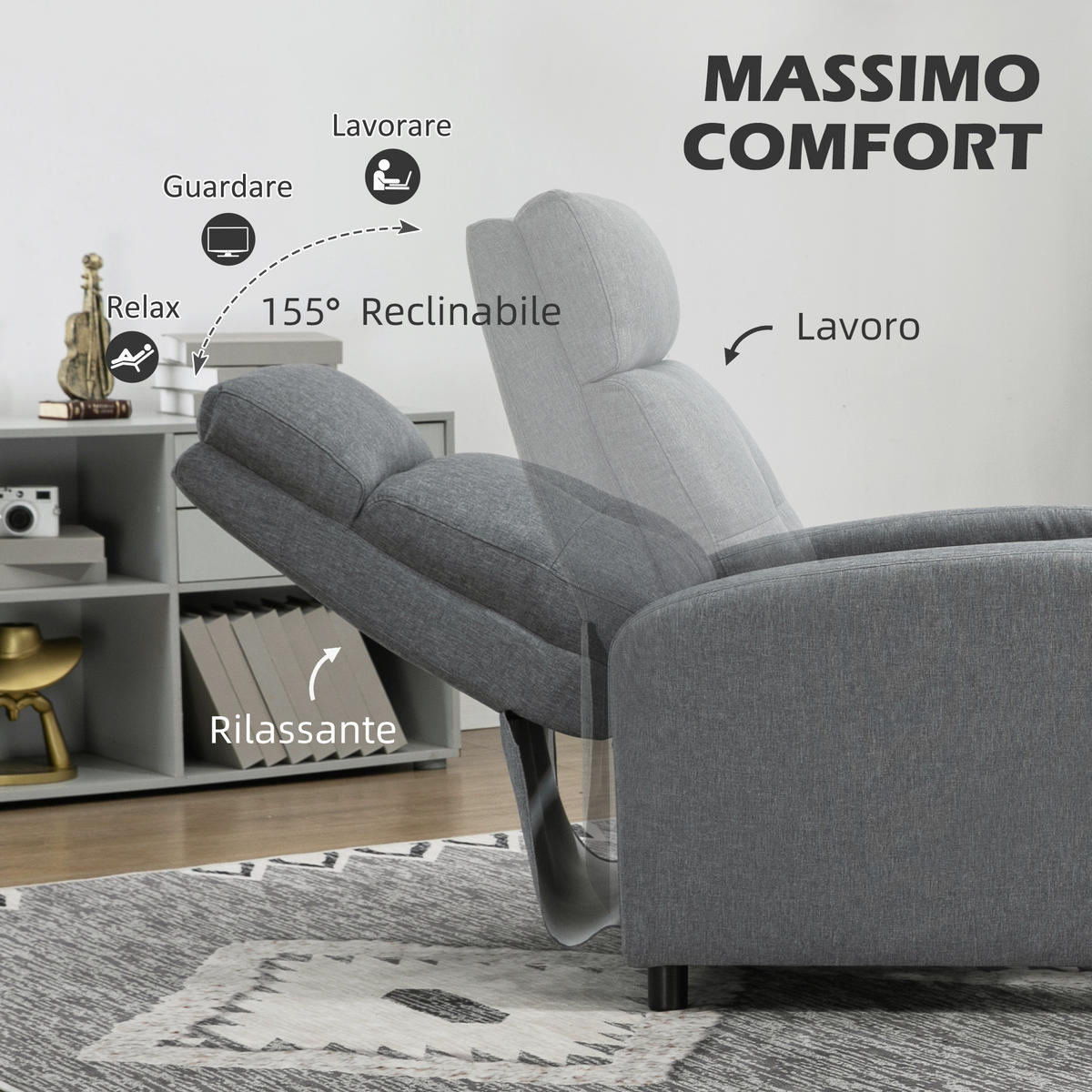 RELAXSESSEL,MAX 155° graues Leinenimitat Fußstütze - Grau, Textil (67/98/87cm) - Vallsero
