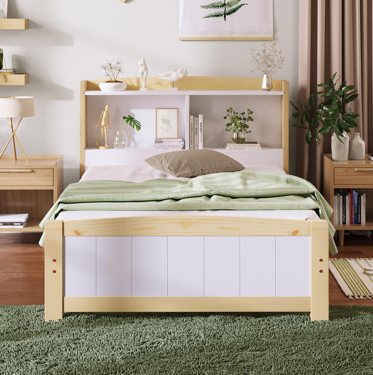 EINZELBETT 90/200 cm aus Massivholz mit Stauraum-Kopfteil, Lattenrost und Federkernmatratze, Natur/Weiß - Naturfarben, Holz - Redom