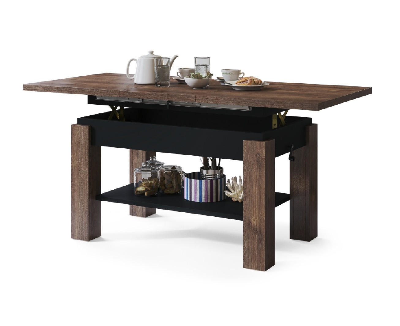 COUCHTISCH rechteckig Eiche dunkel - Schwarz ausziehbar höhenverstellbar - Dunkelbraun/Schwarz, Holzwerkstoff (68/110/59cm) - designimpex