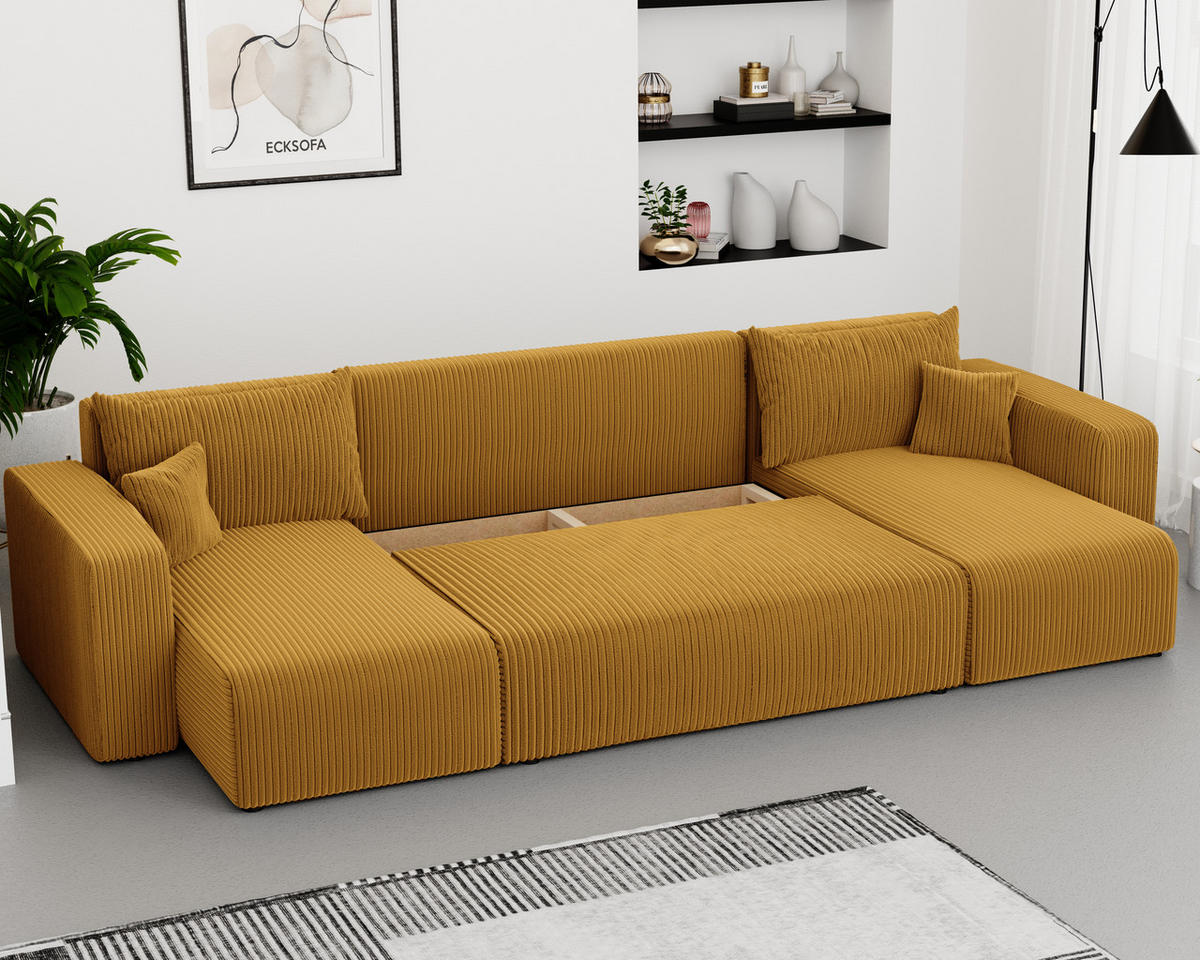 WOHNLANDSCHAFT mit Schlaffunktion und Bettkasten, Senfgelb - Currygelb/Gelb, Kunststoff/Textil (318/79/145cm) - Idohome