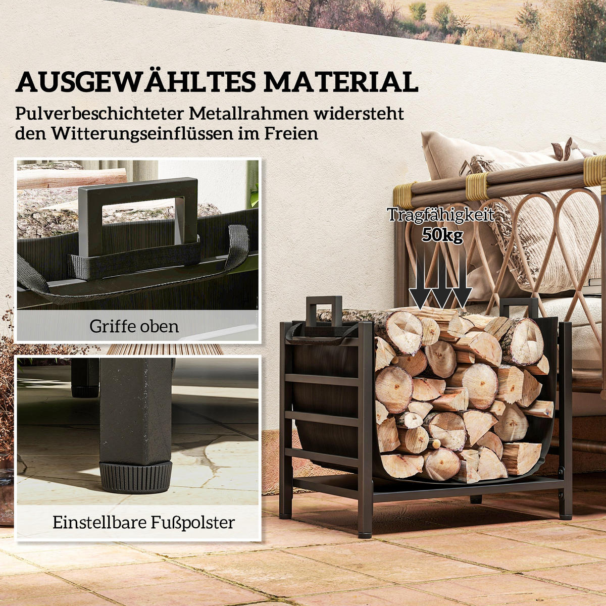 KAMINHOLZREGAL bis 50 kg - Schwarz, Metall (34/44/49cm) - Outsunny