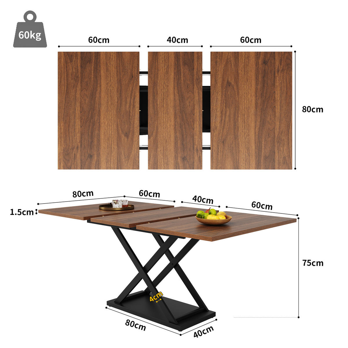 ESSTISCH 120-160/80/75 cm Nussbaumfarben/Schwarz aus MDF und Metall mit Ausziehfunktion - Walnussfarben, Holzwerkstoff (160/80/75cm) - OKMYHOME