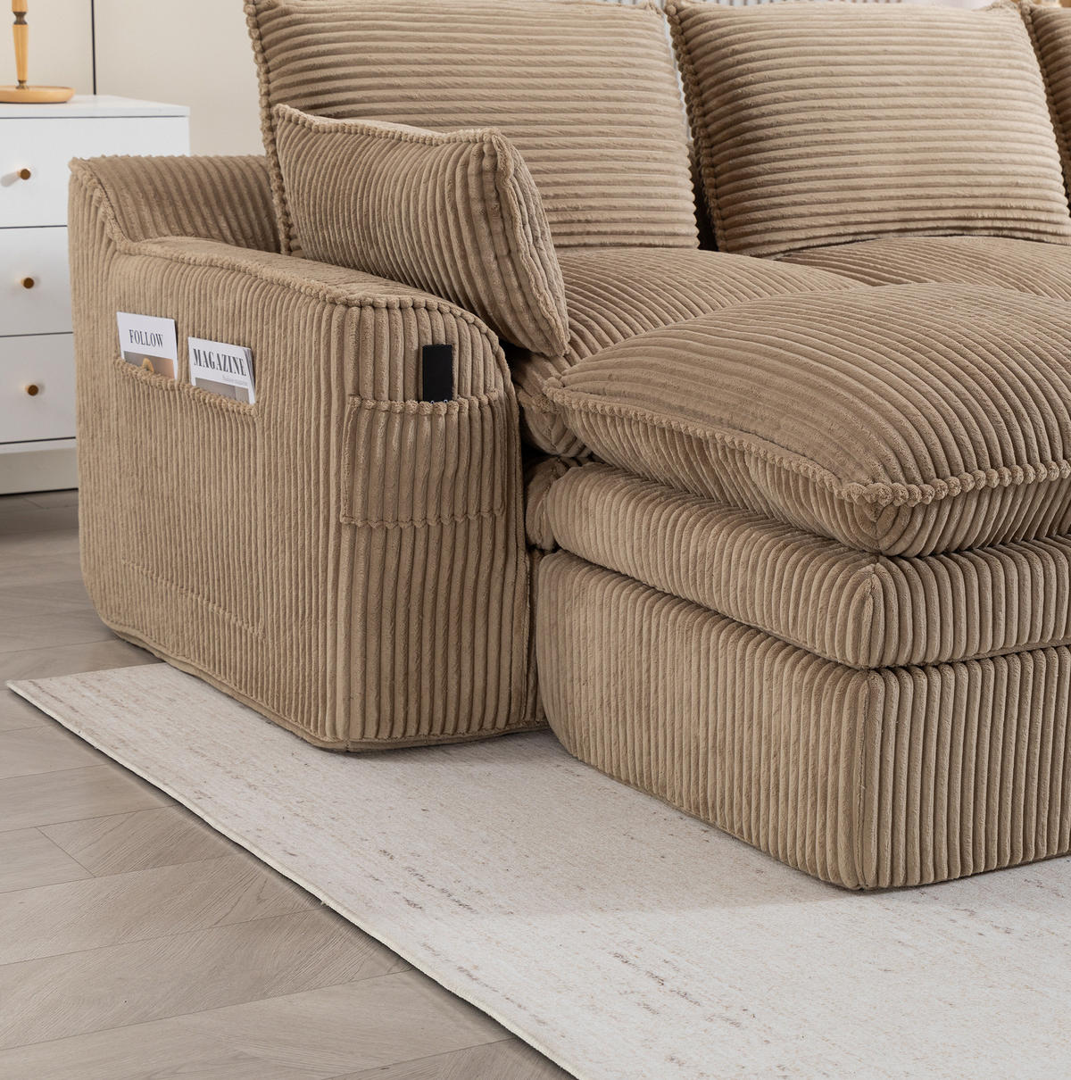 3-STIZER Sofa 263/167/85 cm mit Hocker, Cordbezug, Seitentaschen und Federkern, Khaki - Beige, Textil (263/85/167cm) - Redom