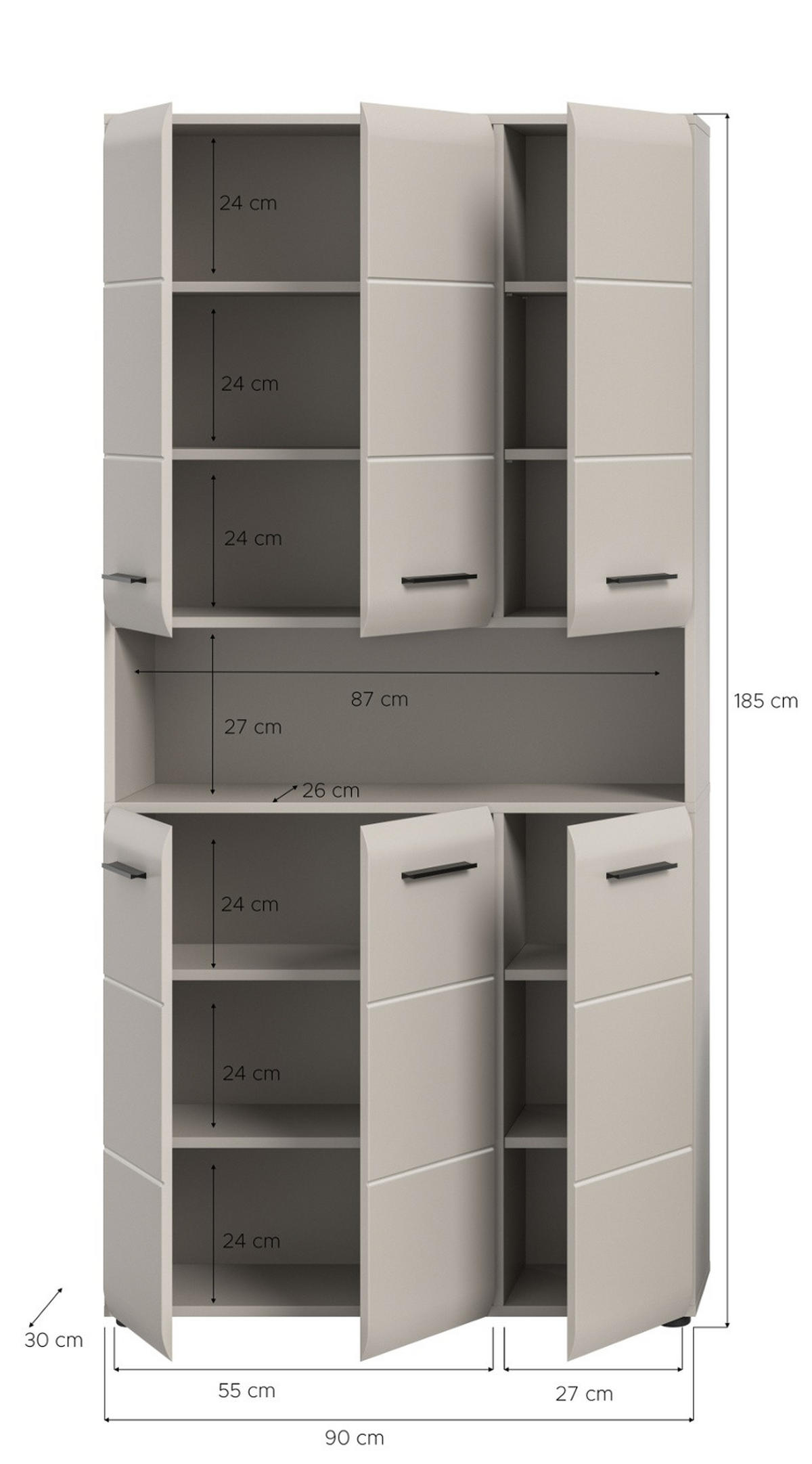 HOCHSCHRANK Kaschmir 90 x 185 cm, Badschrank XL 6-türig - Kaschmir/Schwarz, Holzwerkstoff/Kunststoff (90/185/30cm) - Inn.Furn