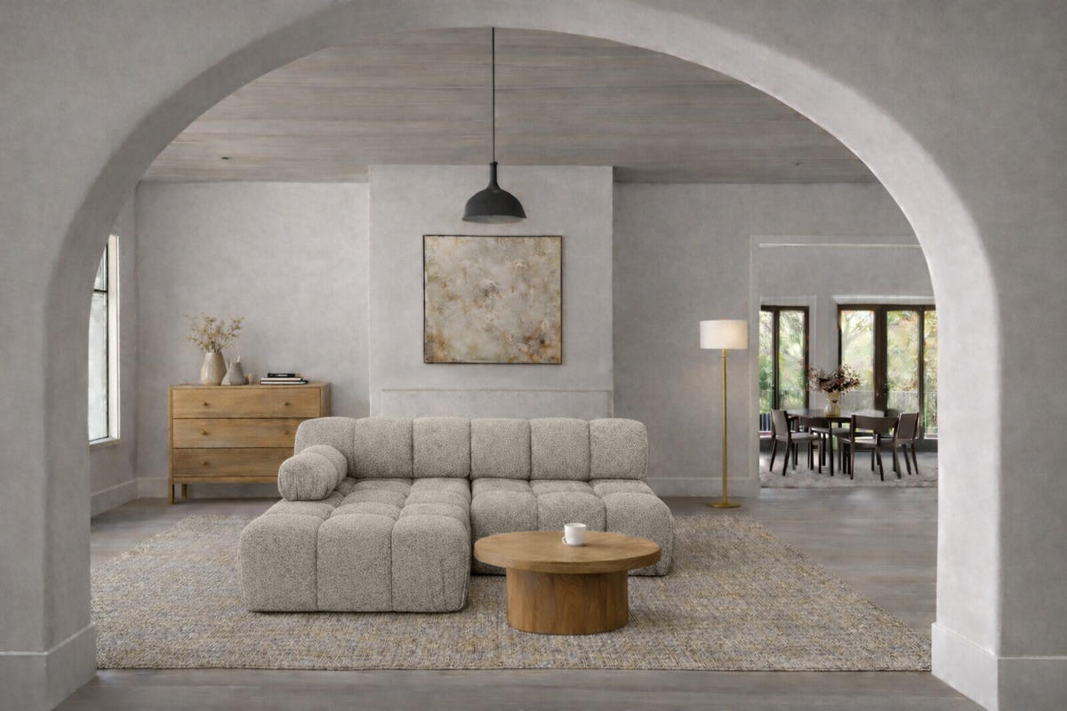 ECKSOFA L-Form Mini II Modular, Bouclé-Stoff Abriamo, Beige, Links, Selia - Beige, Holz (190/160cm) - Kaiser Möbel