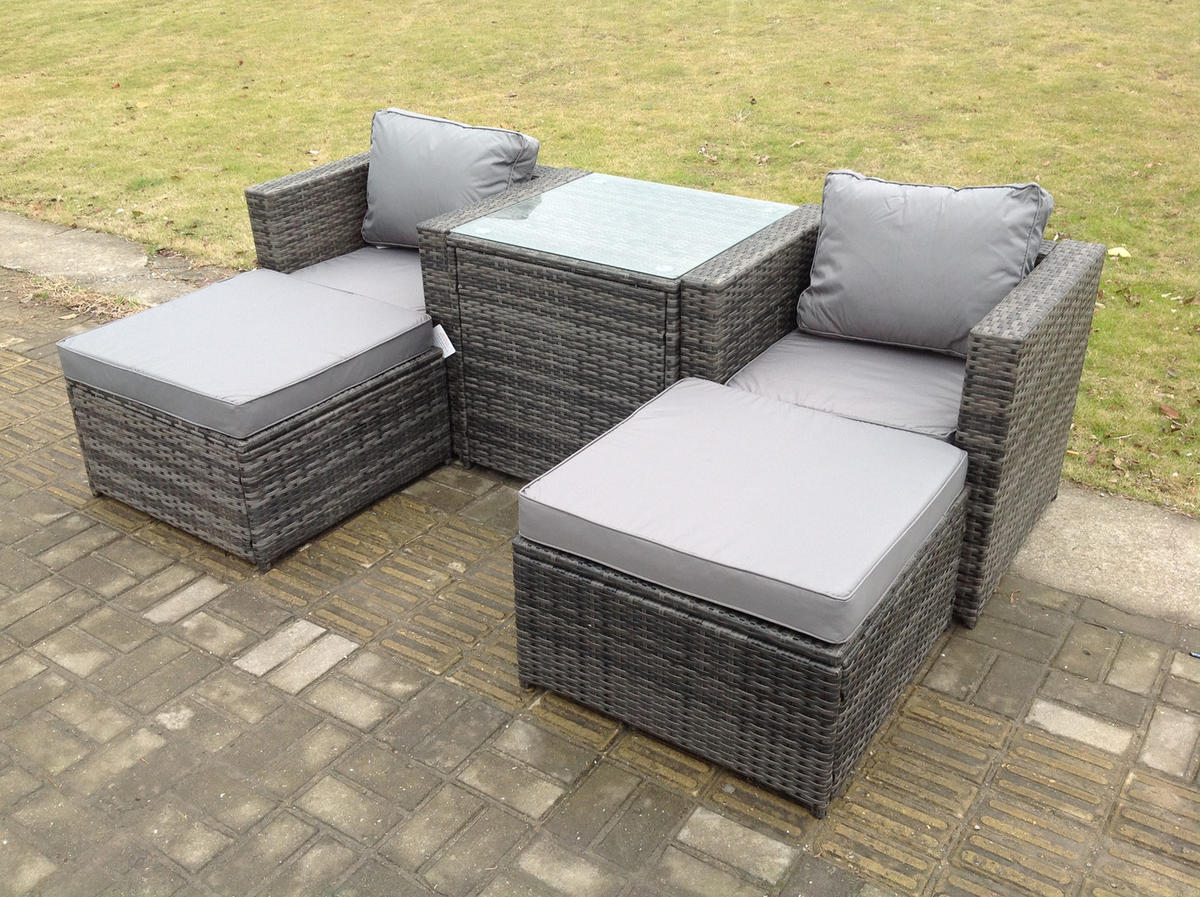 GARTENSOFA SET Polyrattan 4-Sitzer - Dunkelgrau/Grau, Glas/Kunststoff - Fimous