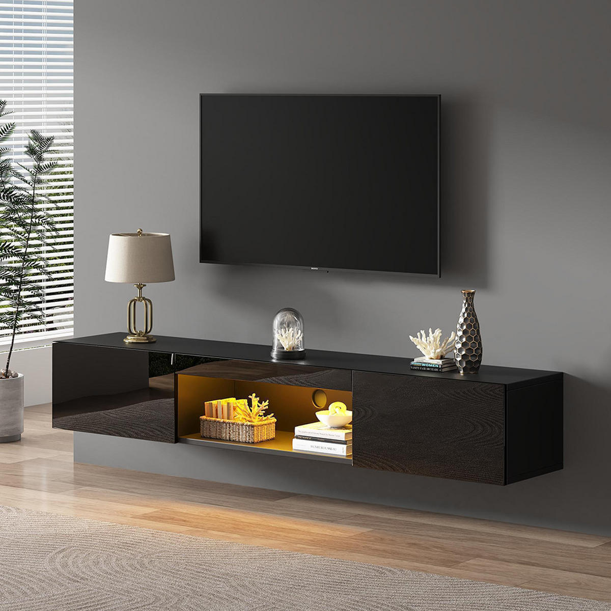 LOWBOARD in 160x31x22cm,Wandmontierter TV-Ständer, Schwarz - Schwarz, Holzwerkstoff (160/22/31cm) - KOMHTOM