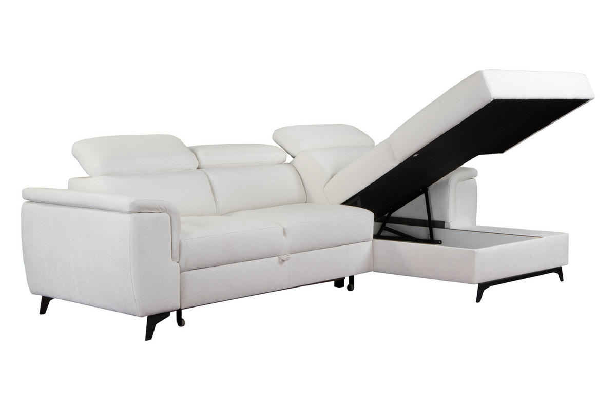 ECKSOFA VOLA Weiß Velours-Stoff mit Schlaffunktion - Weiß, Holz (270/175cm) - MASSENO