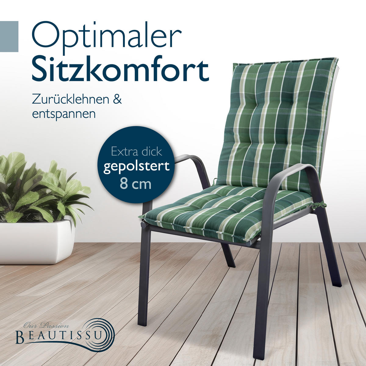 NIEDERLEHNERAUFLAGE Sun-NL 105/50/8cm Grün-Kariert - Multicolor, Textil (50/8/105cm) - Beautissu 