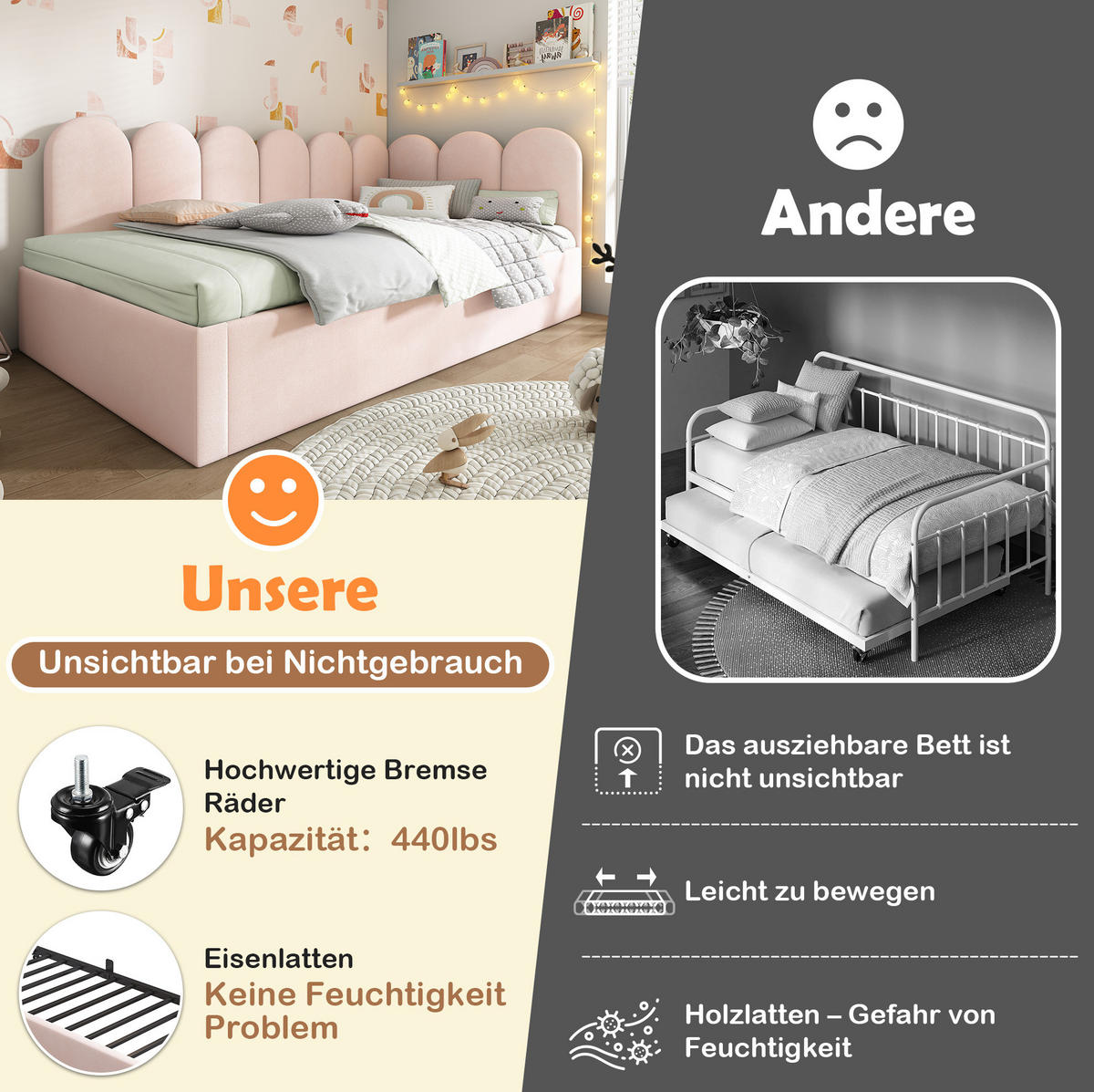 BETT 90/200/190 cm Rosa aus Samt mit Bett - Rosa, Textil (90/200cm) - OKMYHOME