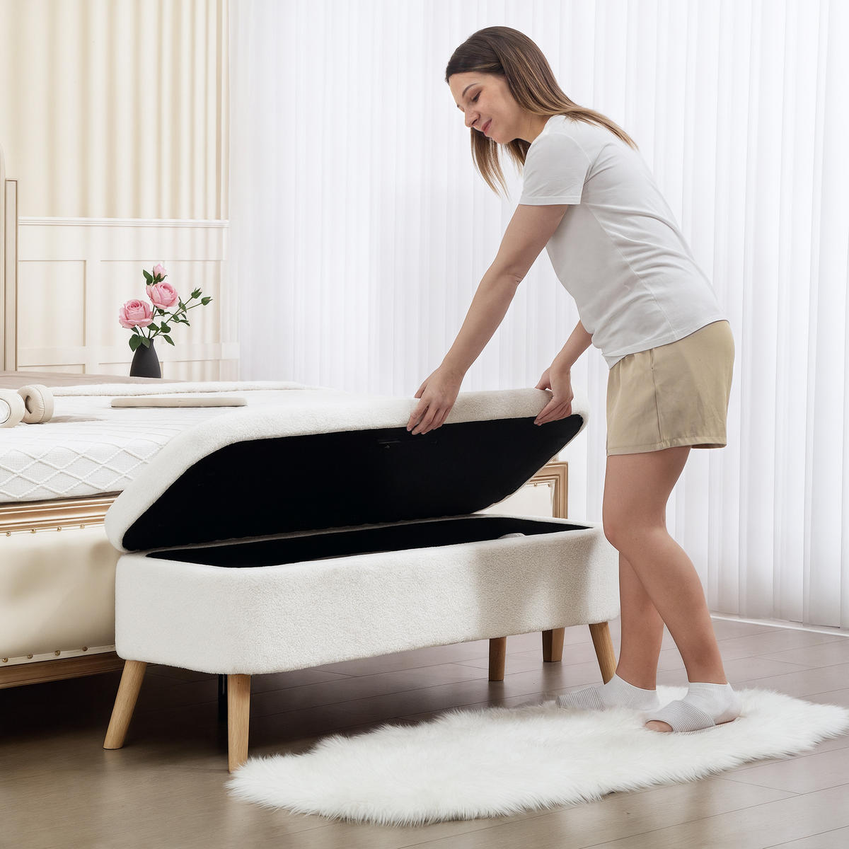 AUFBEWAHRUNGSBANK DE-07171 mit 65L Stauraum Cremeweiß - Creme, Holz/Textil (42/45/120cm) - ComfortXL