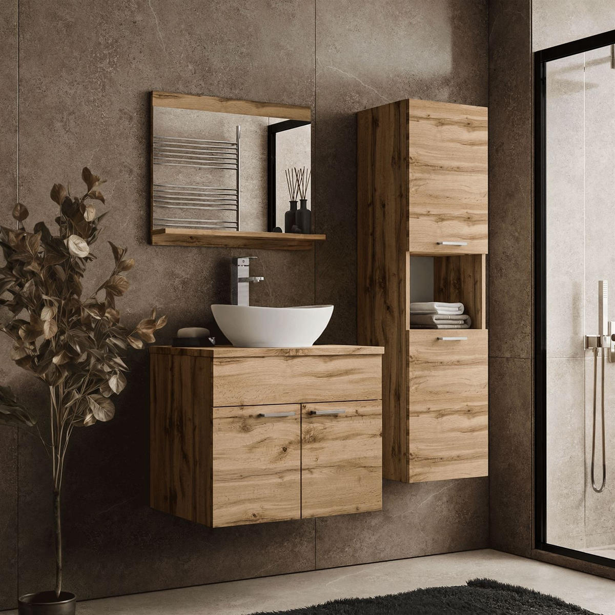 BADMÖBEL-SET LUMIRE LOFT II Wotan Eiche mit Spiegel - Braun, Holzwerkstoff (60/52/46cm) - Lookway