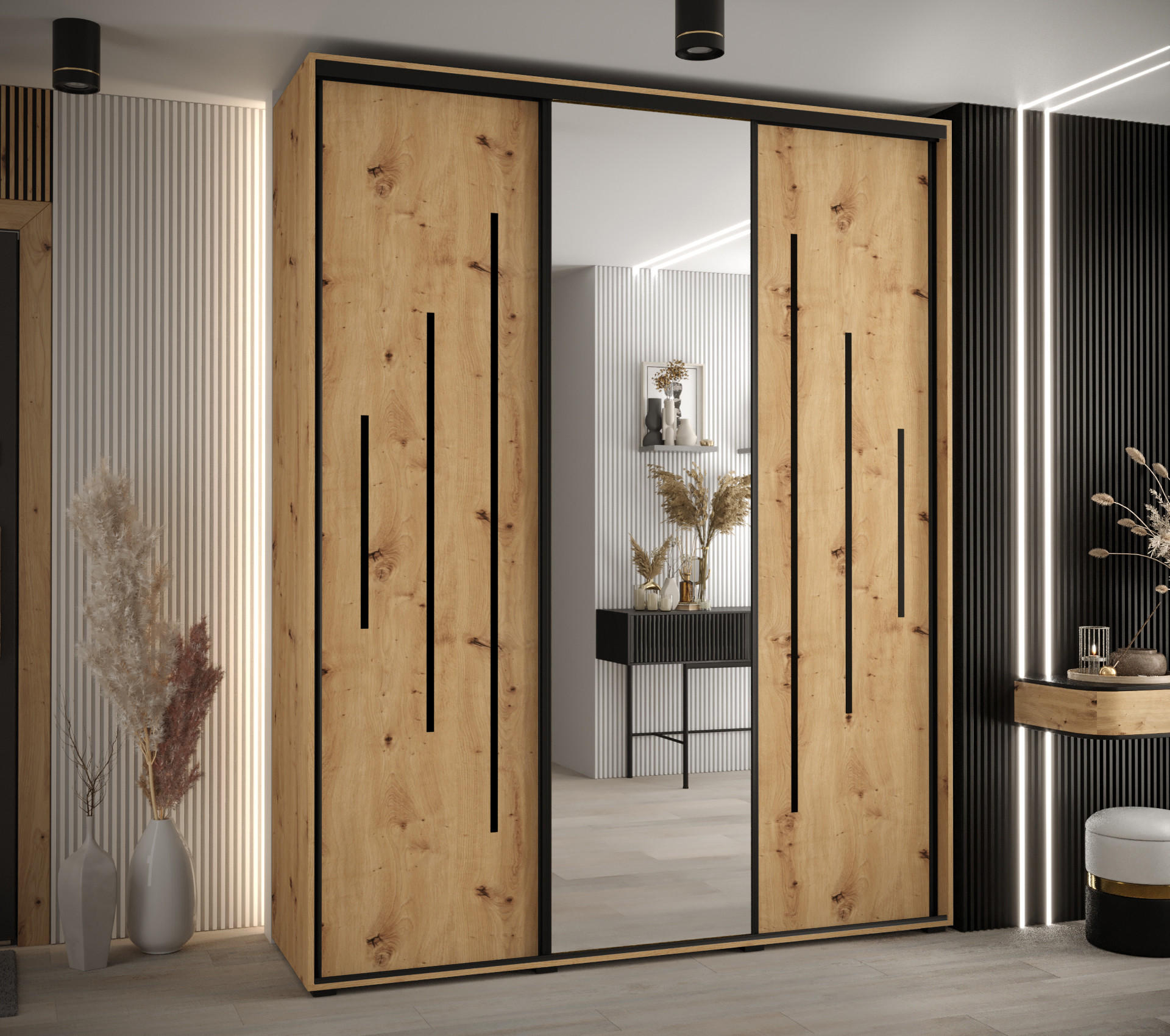 SCHWEBETÜRENSCHRANK 235,2/200/60 3-türig - Schwarz/Eiche Artisan, Holz/Metall (200/235/60cm) - Abiks Möbel