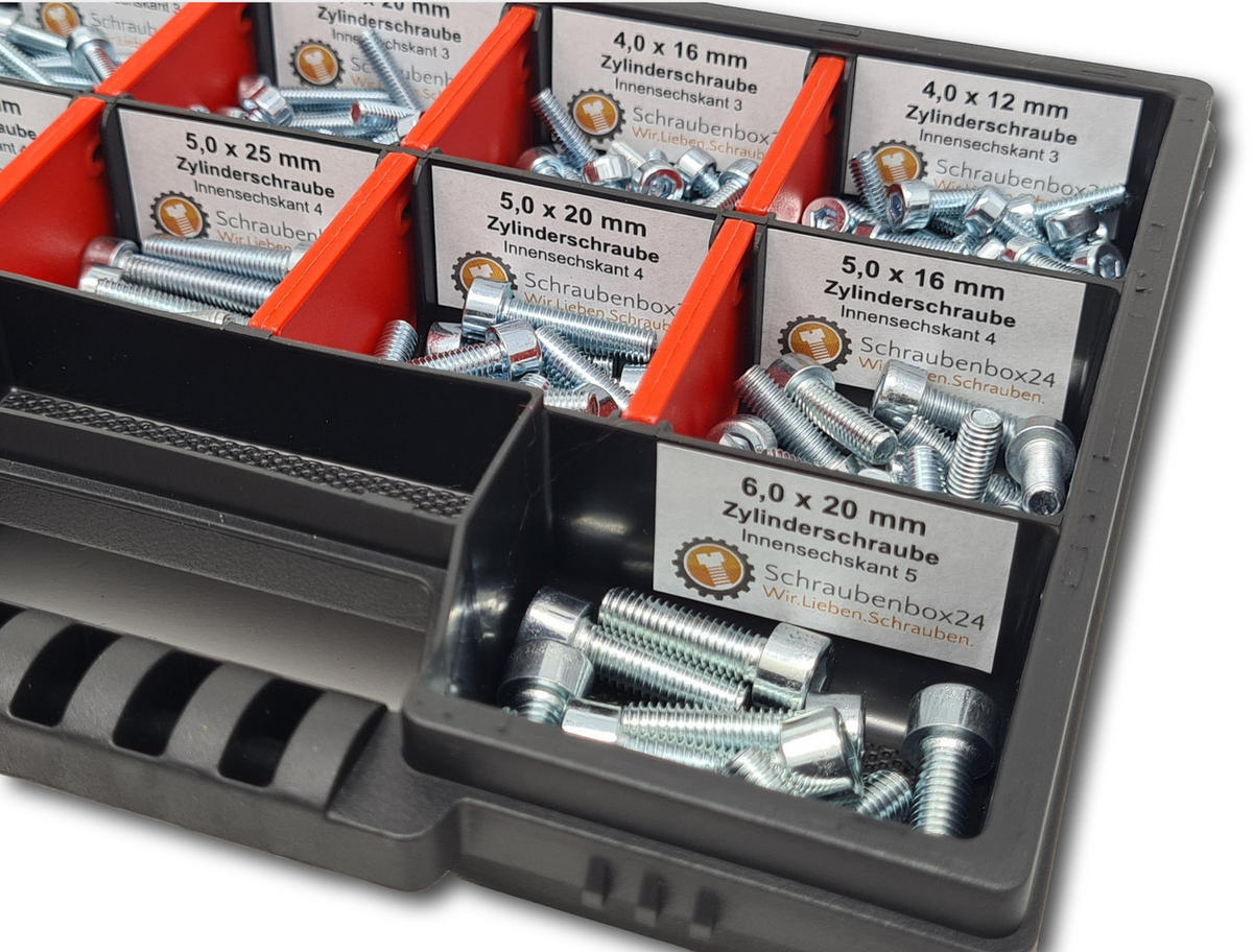 ZYLINDERSCHRAUBEN Sortiment M4-M5-M6 // 12mm-30mm 210 tlg. Schraubenbox DIN 912 / ISO 4762 - Zinkfarben, Metall (3.5cm) - Schraubenbox24