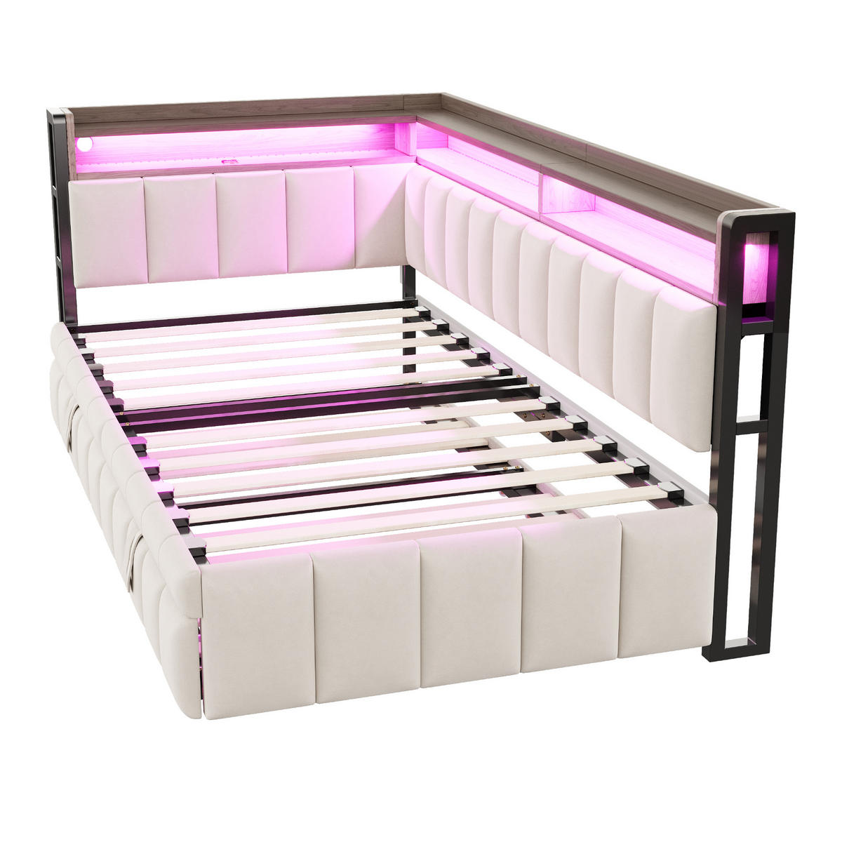 BETT mit Ausziehbett 90/200cm und LED-Beleuchtung in Beige Samt - Beige, Textil (90/200cm) - OKWISH