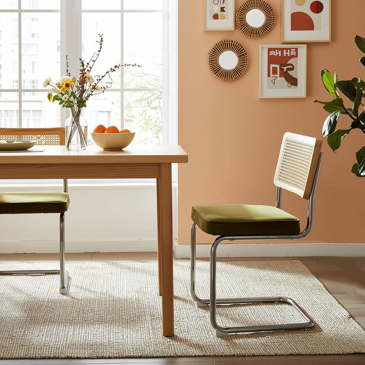 ESSZIMMERSTUHL Set 2er Olivgrün Samt & Rattan Freischwinger mit Chromgestell - Olivgrün, Textil (59/81/47cm) - Urban Meuble