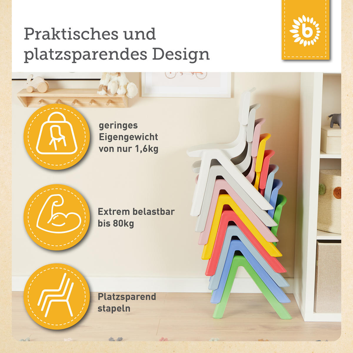 KINDERSTUHL bis 80 kg belastbar - ab 12 - Gelb, Kunststoff (34/51.5/36cm) - Bieco Spielwaren