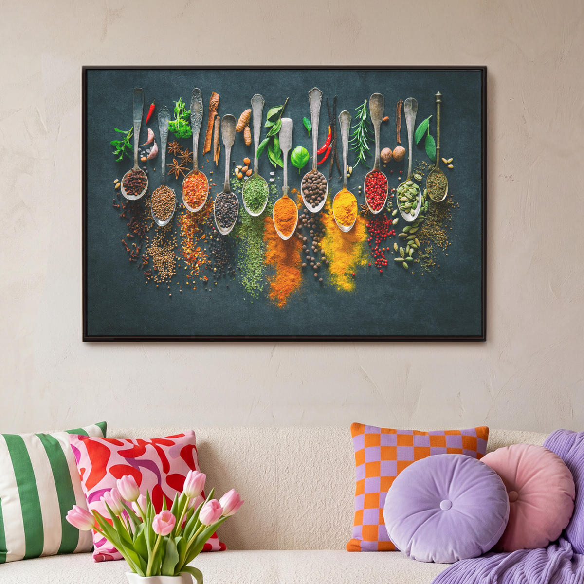 LEINWAND Bilder mit Rahmen - Kräuter - Gewürze - Löffel - 90x60 - Currygelb, Textil (90/60cm) - MuchoWow