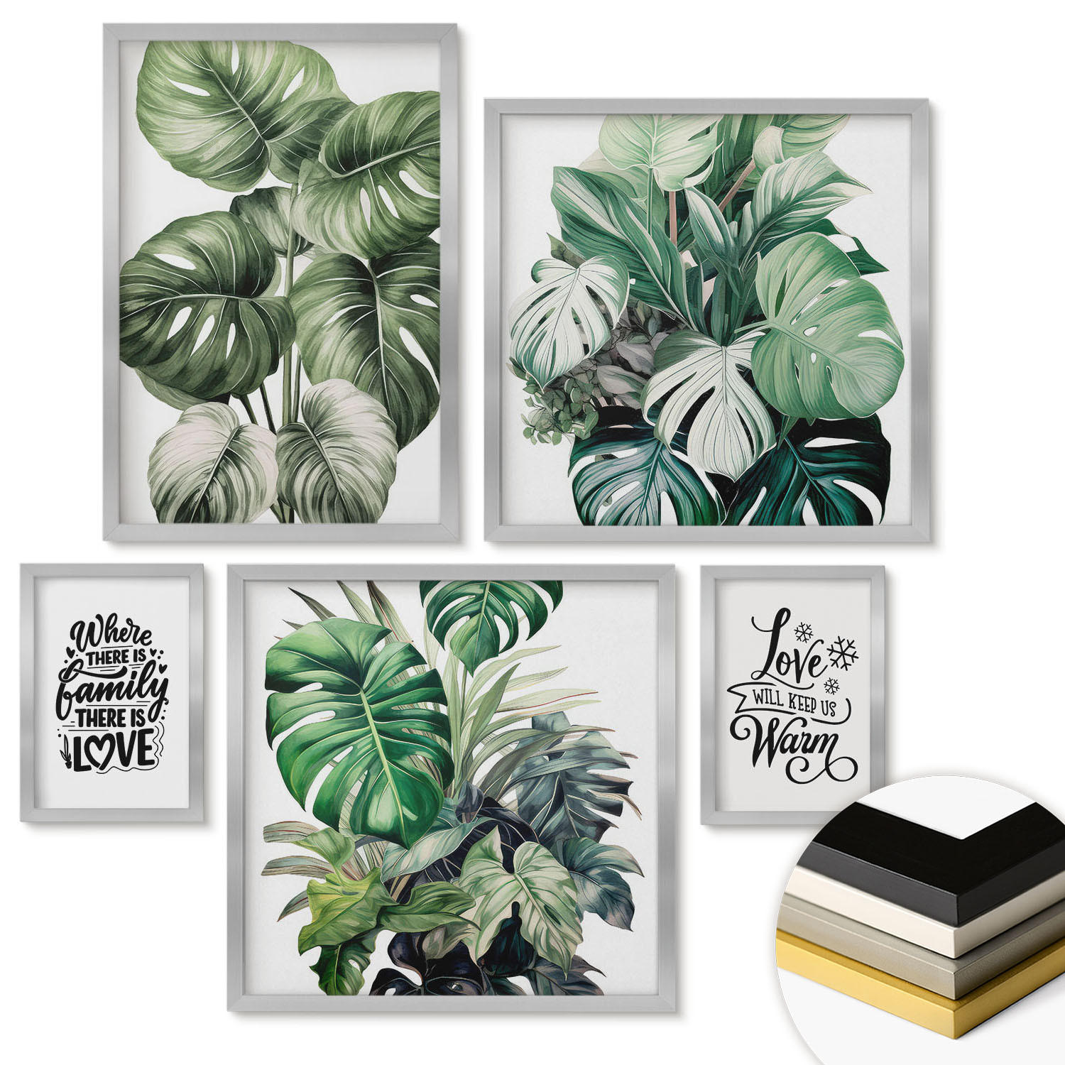 WANDBILDER 5er Set - 50x50 cm & 20x30 cm & 40x60 cm Silberner Rahmen - Gemalte Abstraktionen der Natur - Silberfarben, Kunststoff (40/60cm) - ArtPrintCave
