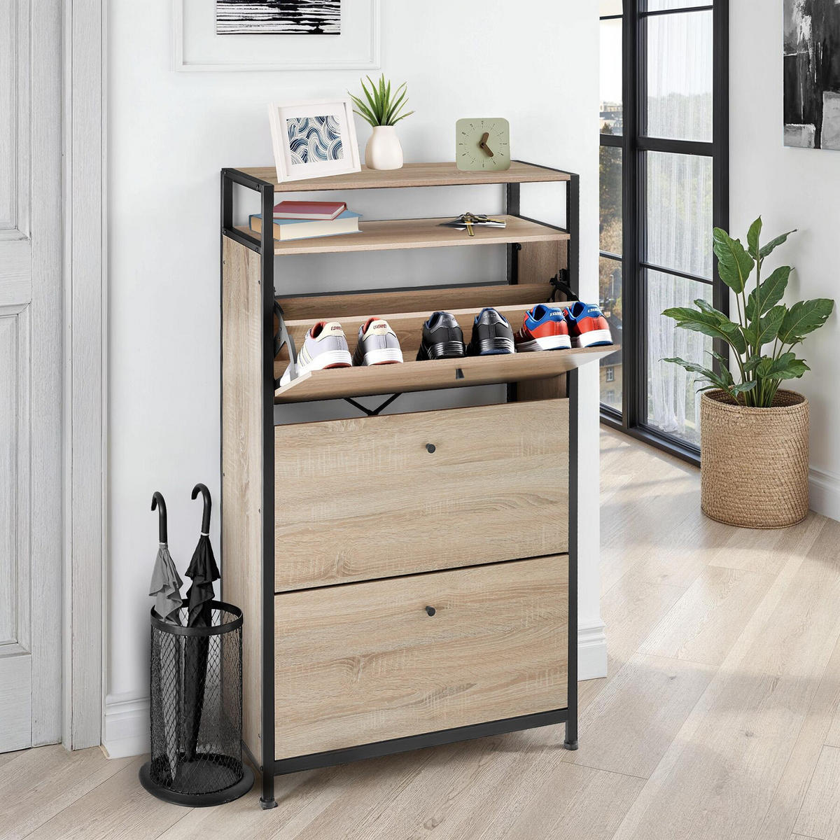 SCHUHSCHRANK Braddock,inklusive Kippschutz, 61 x 32 x 130 cm,Industrial Holz hell, Eiche Sonoma - Naturfarben, Holzwerkstoff (32/130/61cm) - tectake