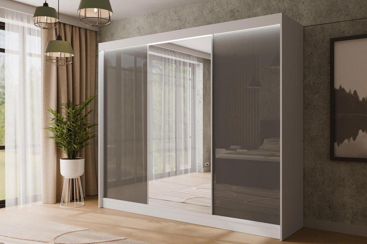 KLEIDERSCHRANK VESLI mit LED - 250 cm - Weiß|Grau - Weiß/Grau, Holzwerkstoff (250/215/61cm) - ALTDECOR