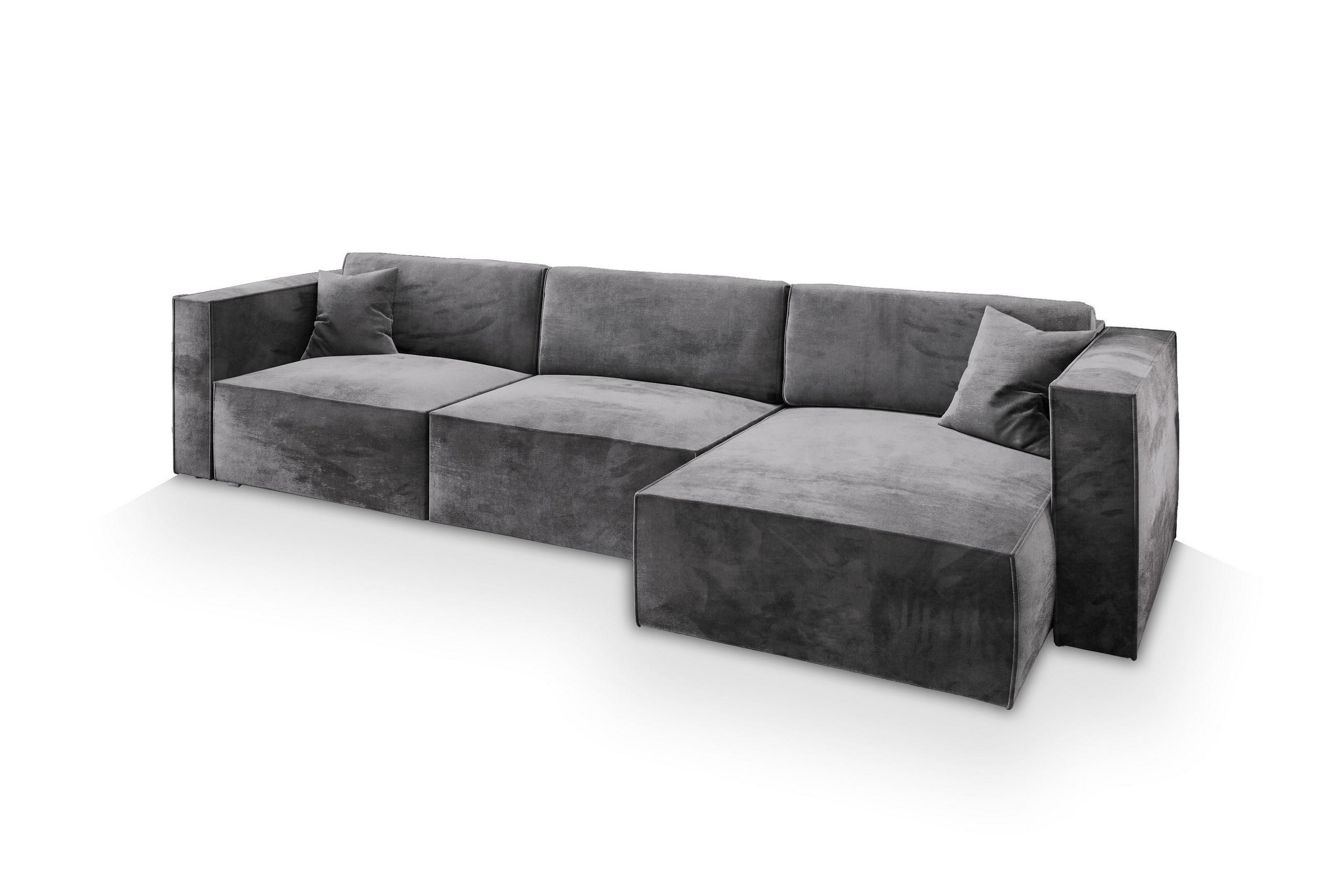 ECKSOFA TOLMO M Grau Velours-Stoff mit Schlaffunktion - Grau, Holz (347/148cm) - MASSENO