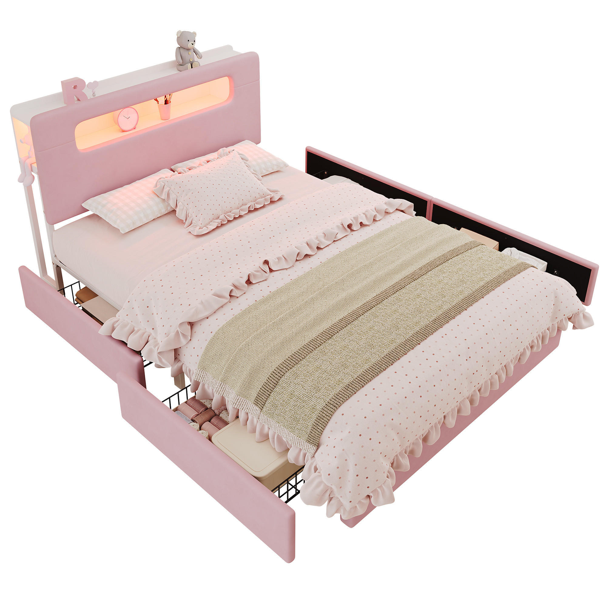 KINDER-POLSTERBETT Samt 140x200 cm Rosa mit 4 Schubladen, LED-Beleuchtung und offenem Kopfteil - Pink, Textil (140/200cm) - Modfu