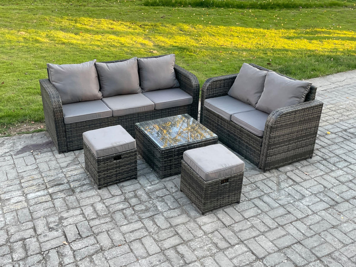 GARTENSOFA SET mit Couchtisch Polyrattan Dunkelgrau 5-teilige - Dunkelgrau/Grau, Glas/Kunststoff - Fimous