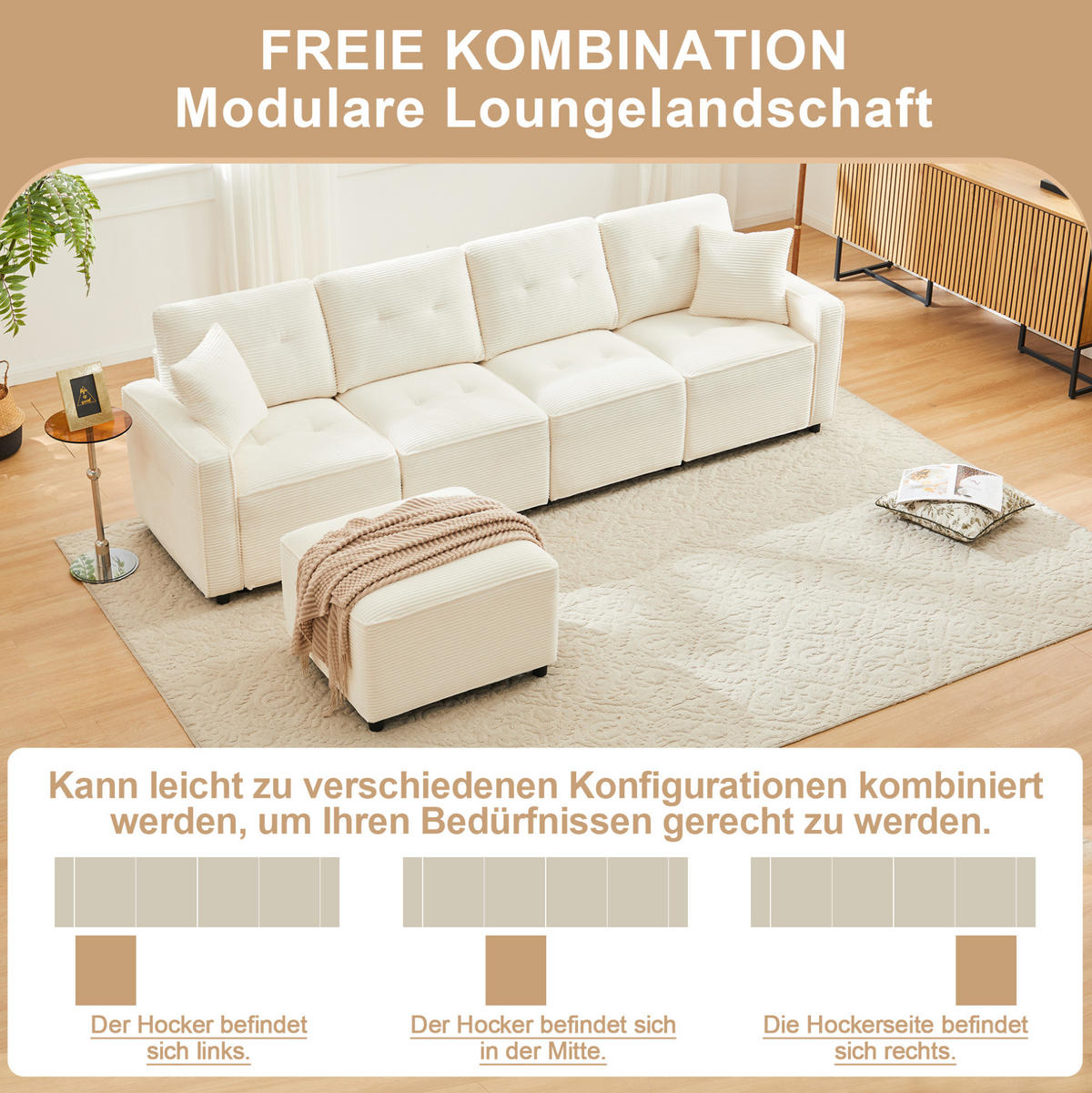 ECKSOFA 280/146/85 cm Beige aus Cord mit Stauraum und Hocker - Beige, Textil (146/280cm) - OKWISH