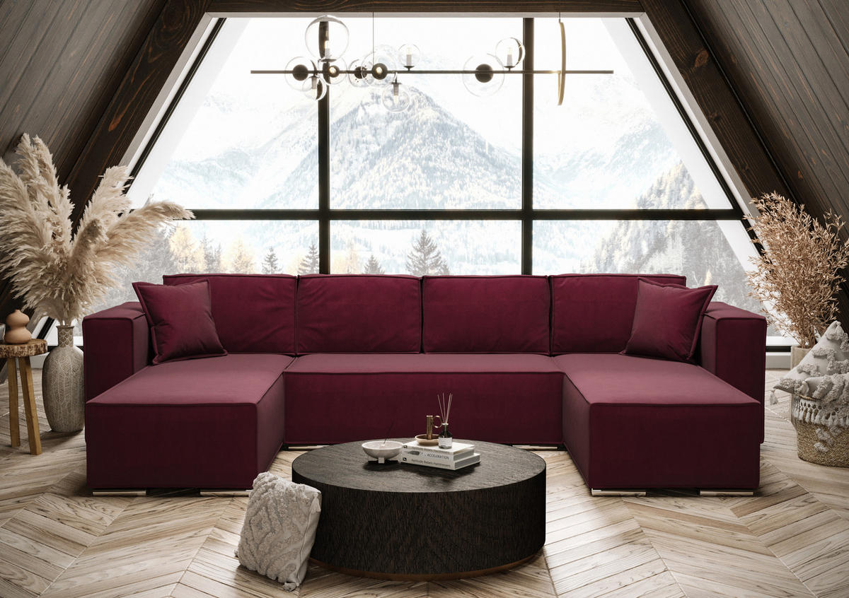 WOHNLANDSCHAFT Vinoria Bordeaux 327/180/82 cm mit Schlaffunktion - Chromfarben/Bordeaux, Textil/Metall (327/82/180cm) - AX Living