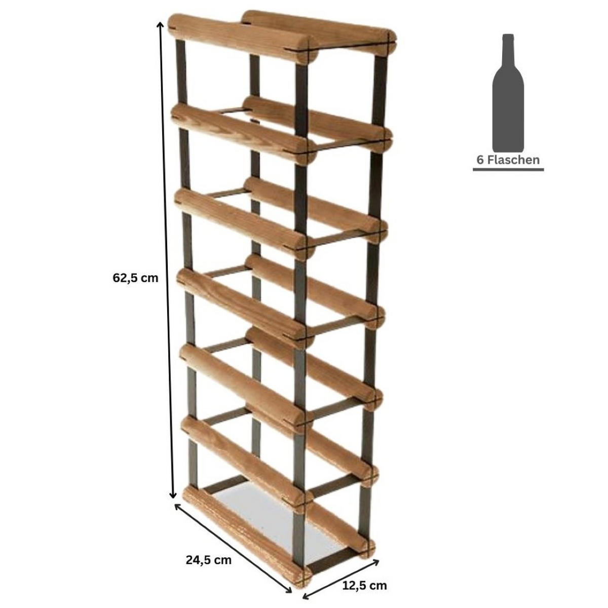 WEINREGAL Vinotega Mod Metal 62,5x12,5x24,5 cm 1x6 Flaschen Massives Kiefernholz Braun Geölt - Braun, Holz (12.5/62.5/24.5cm) - PROREGAL