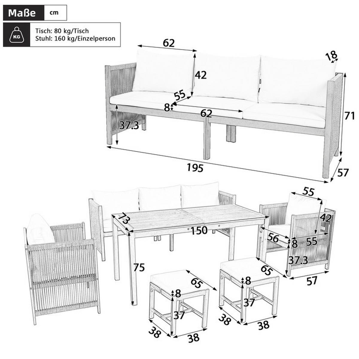GARTEN-ESSGRUPPE BEIGE 6-teilig mit 3er-Sofa Akazien-Tisch inkl. Kissen - Beige, Textil - BLACKCUP