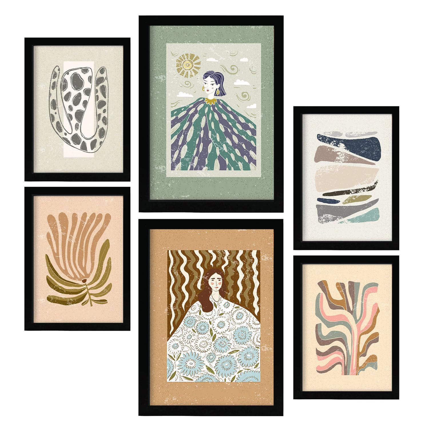 POSTER Set Mit 6 Drucken Von Mutter Natur In Ethnischer Dekorative Rahmen Für Ihr Wohnzimmer Zuhause Wandkunstdruck A3 & A4 Schwarzer Rahmen - Schwarz, Papier (29/3cm) - Nacnic
