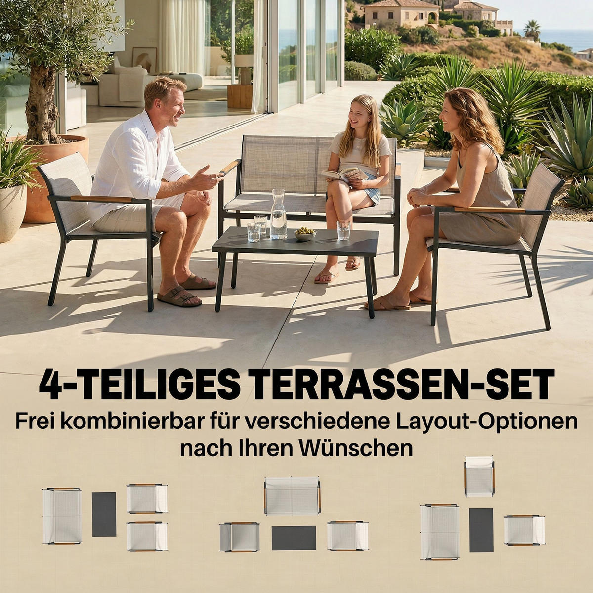 BALKONMÖBEL 4ER-SET aus Metall Netzstoff Cremeweiß - Creme/Weiß, Textil/Metall - Outsunny